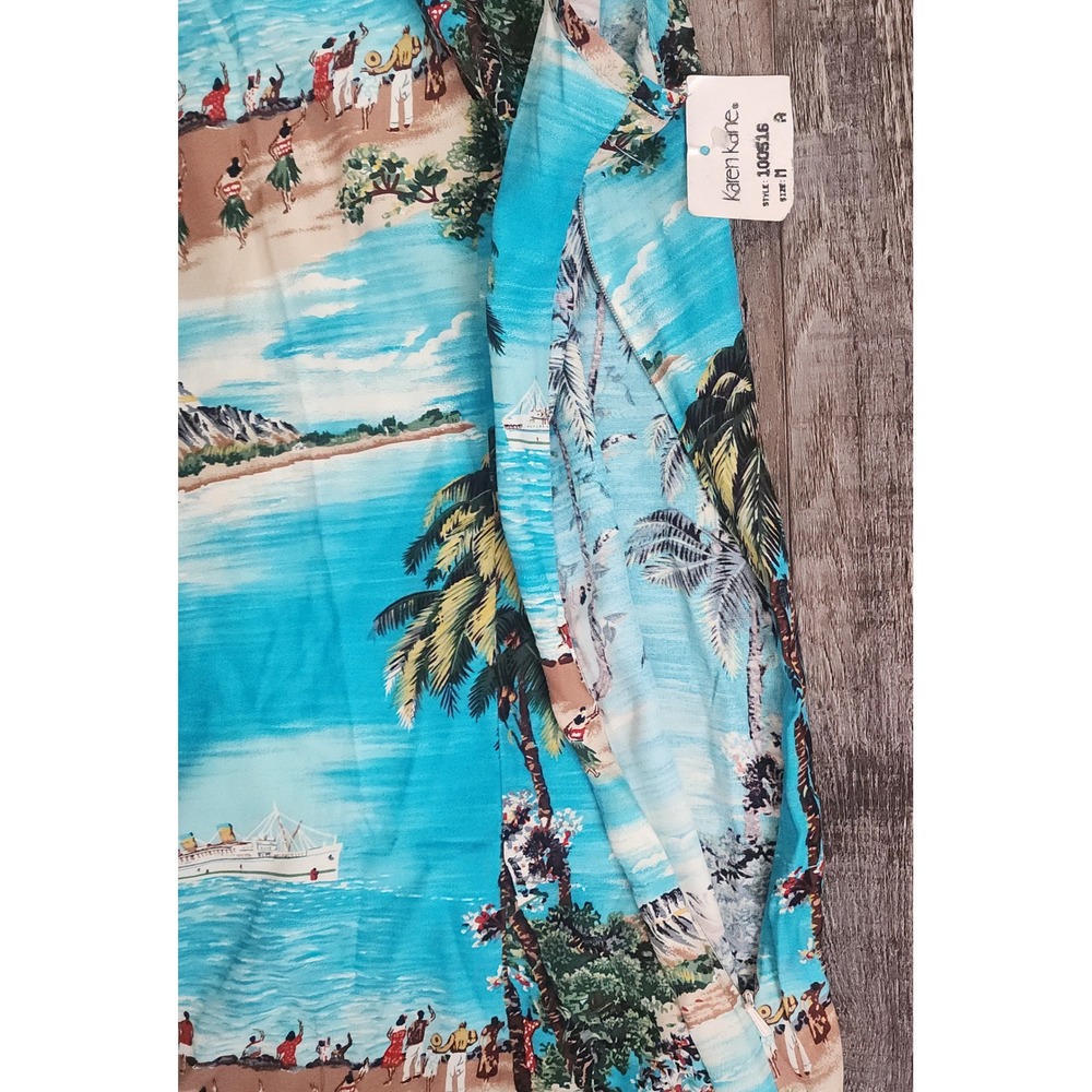 Karen Kane Maxi Dress Womens Medium Blue Tropical Hawaiian Beach Scene Rayon - Picture 3 of 7